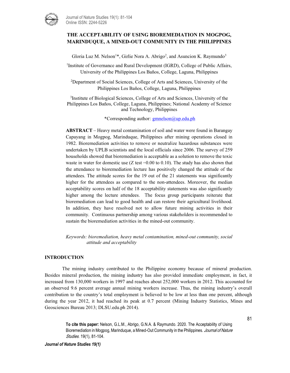 The Acceptability of Using Bioremediation in Mogpog, Marinduque, a Mined-Out Community in the Philippines