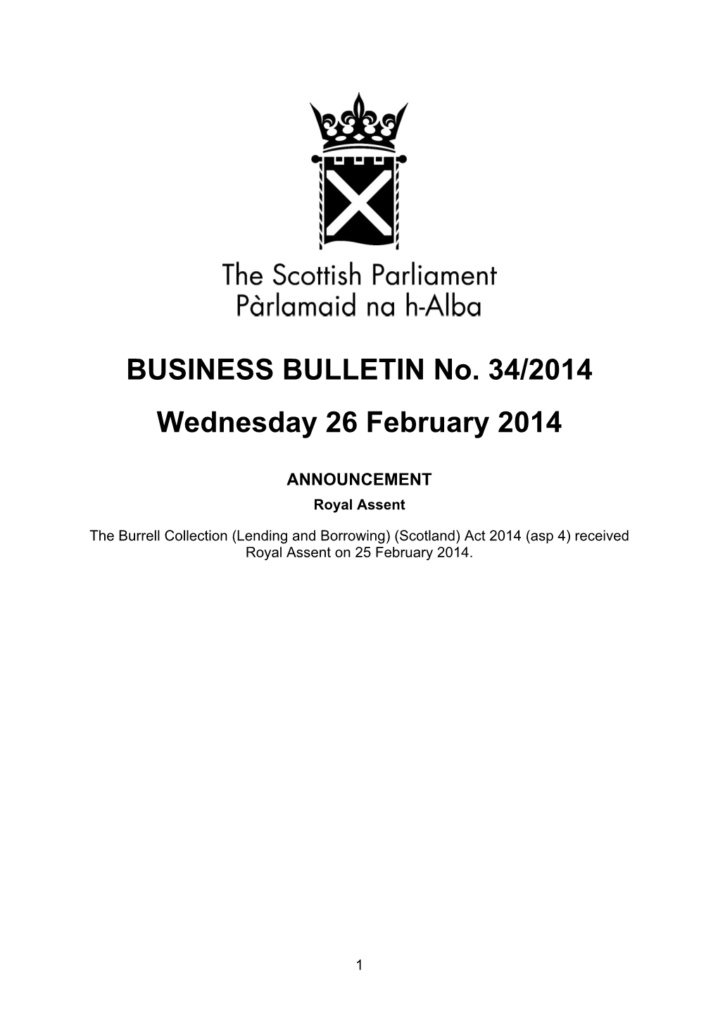 BUSINESS BULLETIN No. 34/2014 Wednesday 26 February 2014