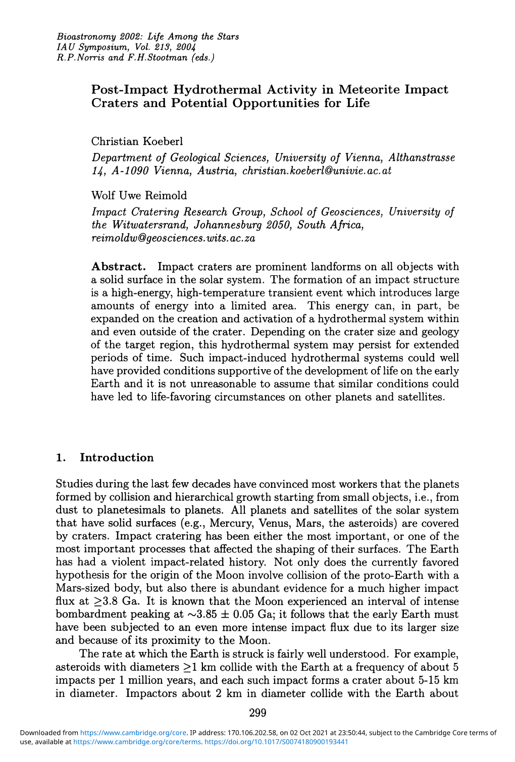 Post-Impact Hydrothermal Activity in Meteorite Impact Craters and Potential Opportunities for Life