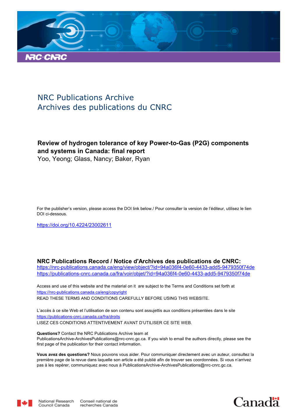 Review of Hydrogen Tolerance of Key Power-To-Gas (P2G) Components and Systems in Canada: Final Report Yoo, Yeong; Glass, Nancy; Baker, Ryan