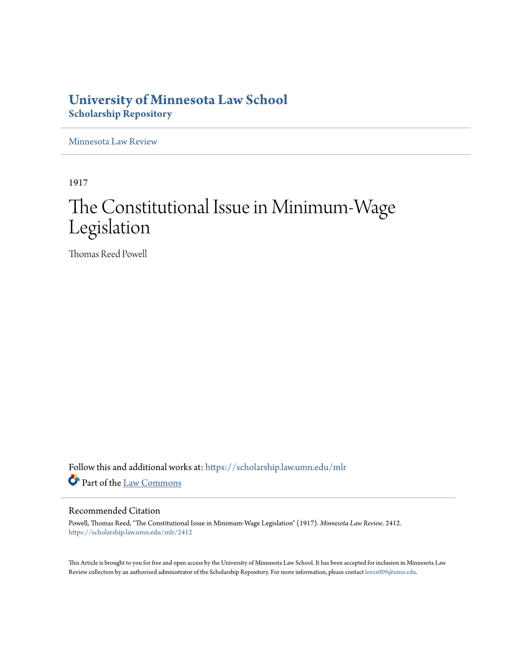 The Constitutional Issue in Minimum-Wage Legislation