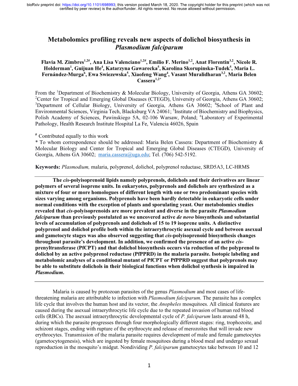 Metabolomics Profiling Reveals New Aspects of Dolichol Biosynthesis in Plasmodium Falciparum