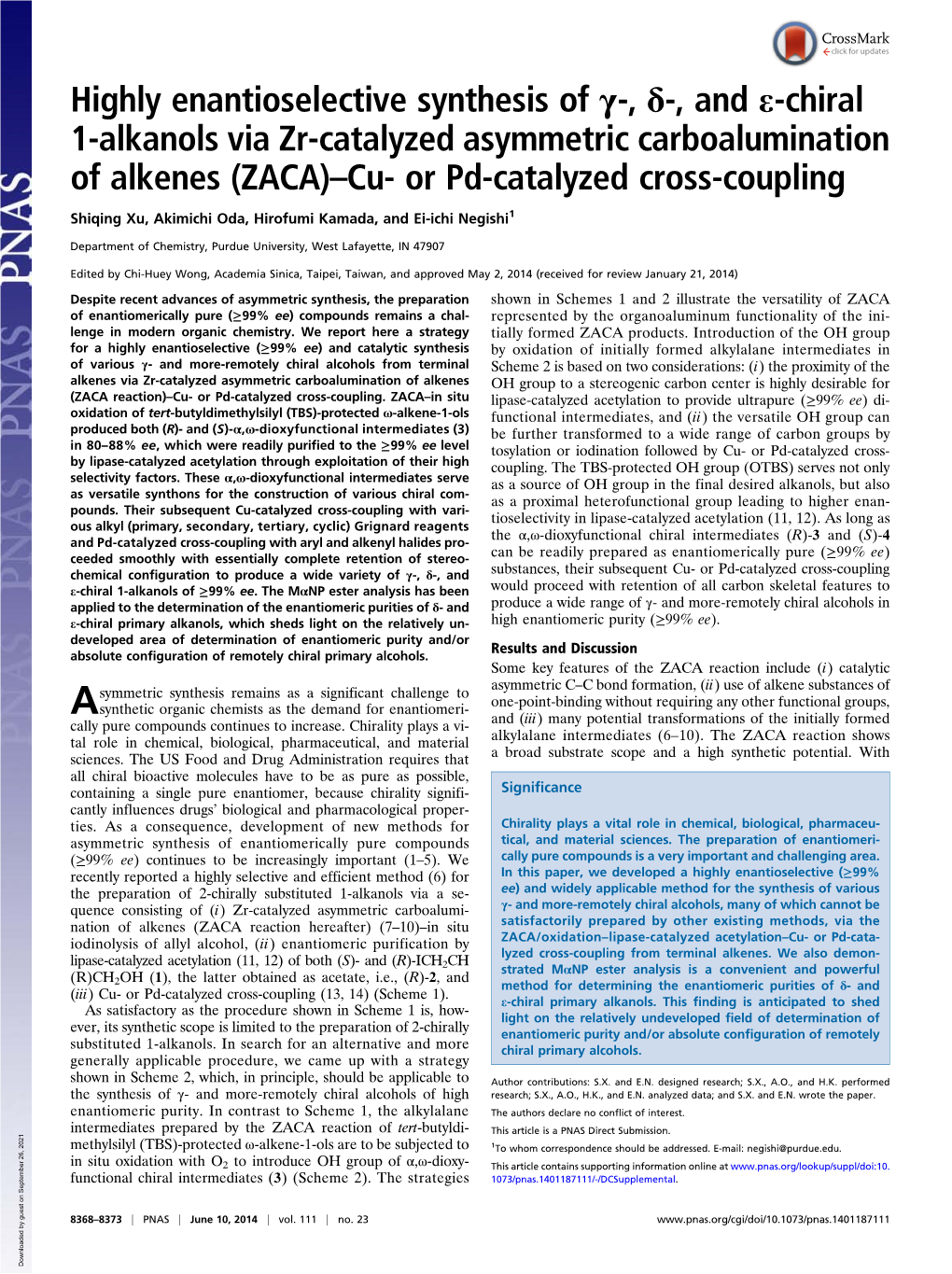 Highly Enantioselective Synthesis of Γ-, Δ-, and E-Chiral 1-Alkanols Via Zr-Catalyzed Asymmetric Carboalumination of Alkenes (ZACA)–Cu- Or Pd-Catalyzed Cross-Coupling