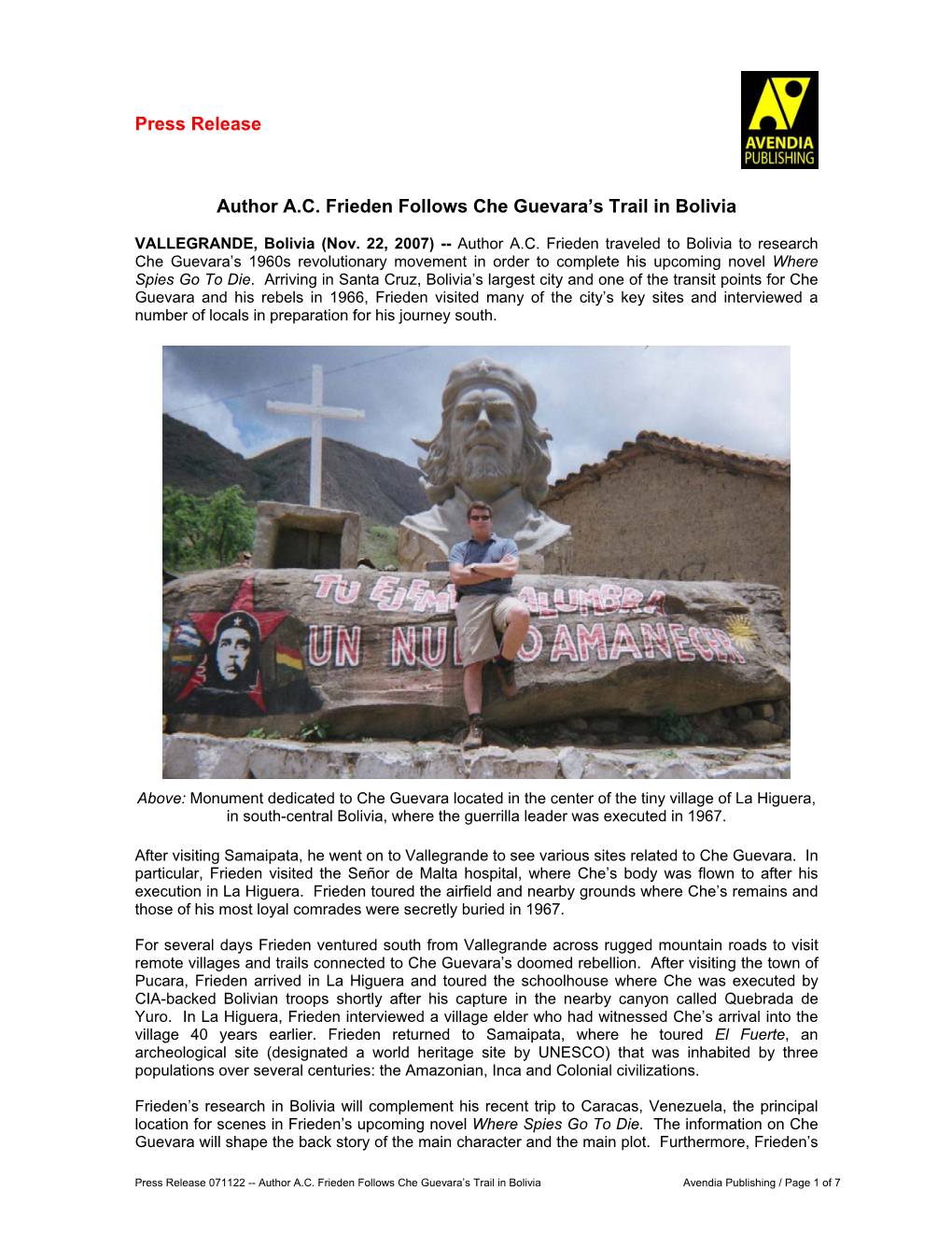 Press Release Author A.C. Frieden Follows Che Guevara's Trail in Bolivia
