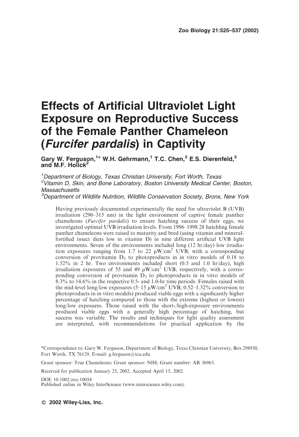 Effects of Artificial Ultraviolet Light Exposure on Reproductive Success of the Female Panther Chameleon (Furcifer Pardalis) In