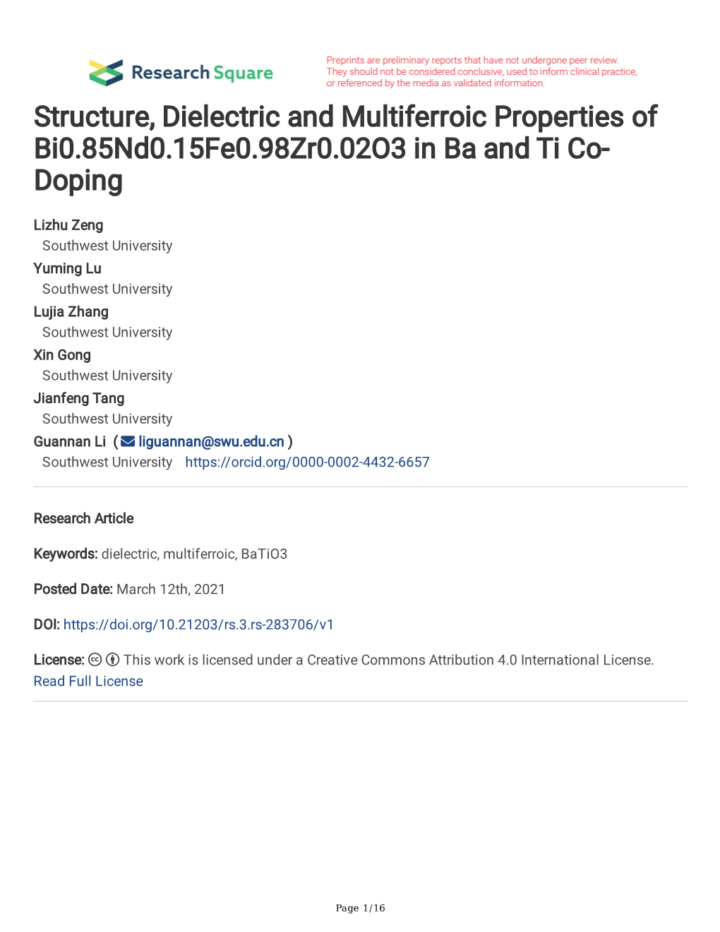 Structure, Dielectric and Multiferroic Properties of Bi0.85Nd0.15Fe0.98Zr0.02O3 in Ba and Ti Co- Doping