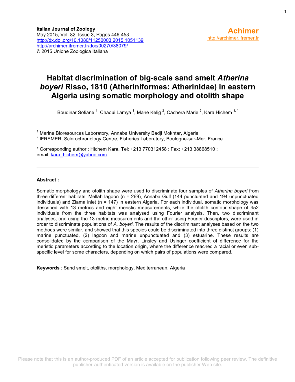 Achimer Habitat Discrimination of Big-Scale Sand Smelt Atherina