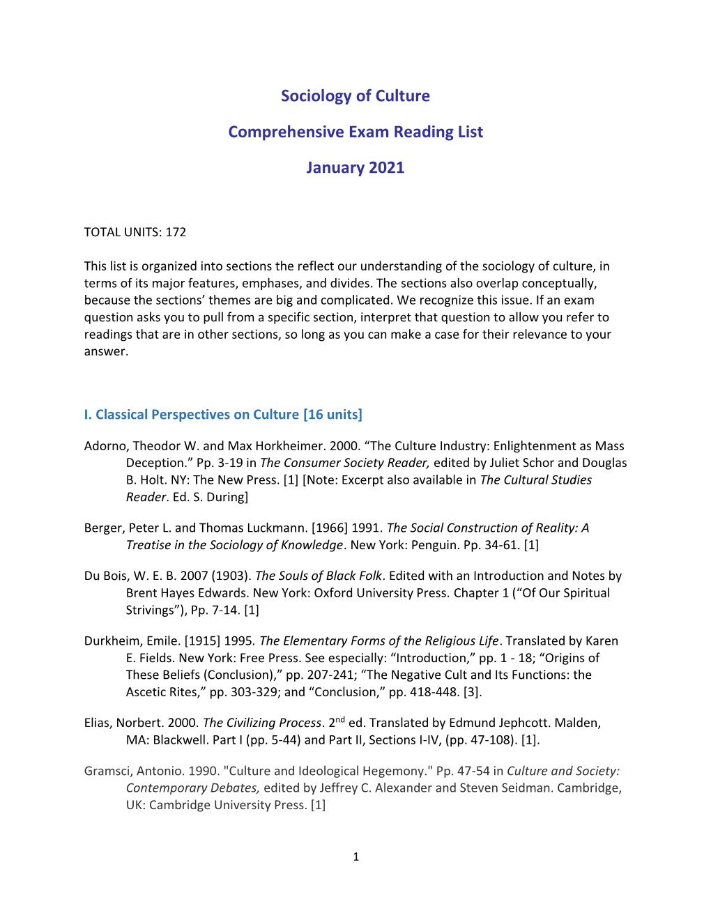 Sociology of Culture Comprehensive Exam Reading List January 2021