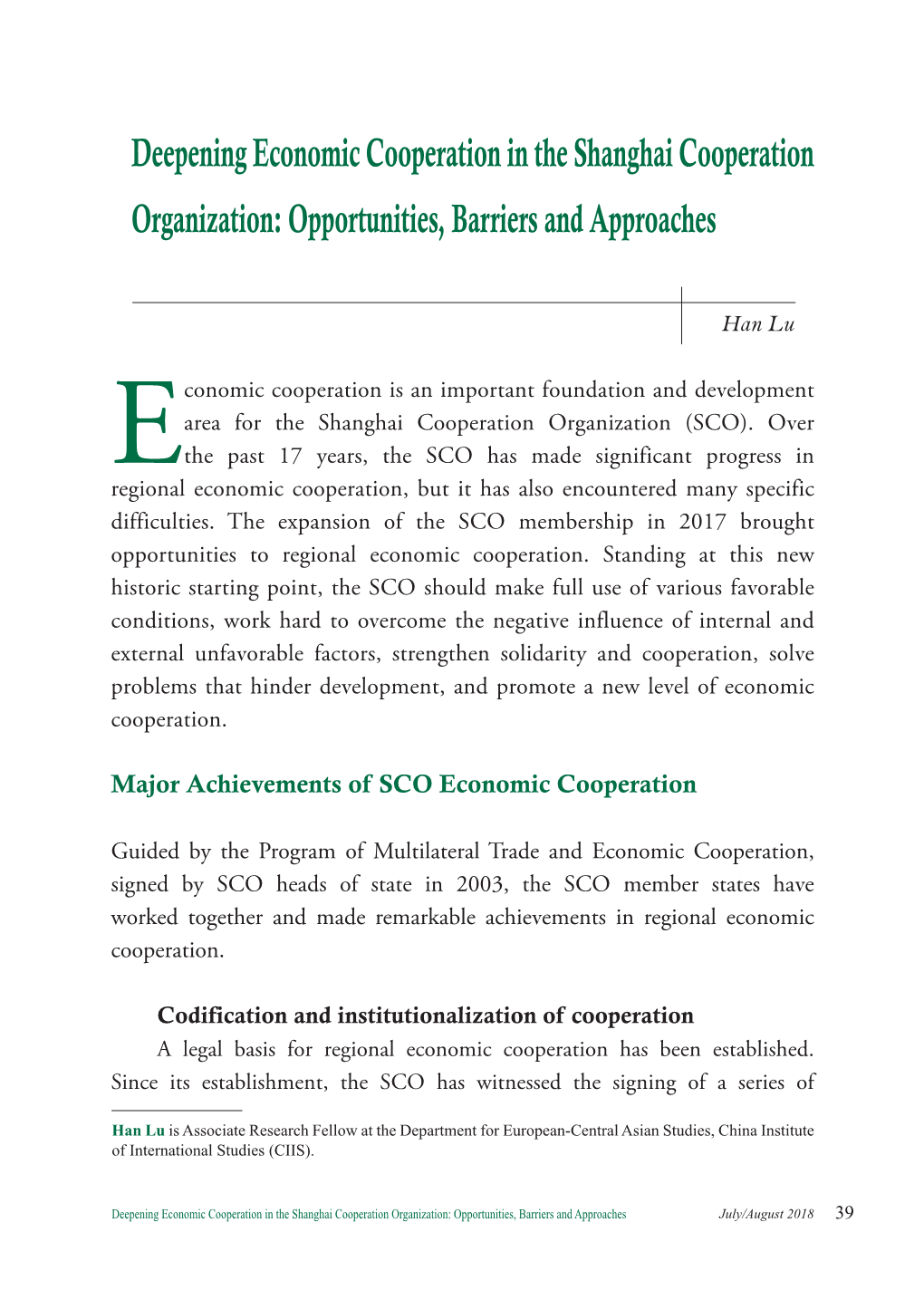 Deepening Economic Cooperation in the Shanghai Cooperation Organization: Opportunities, Barriers and Approaches