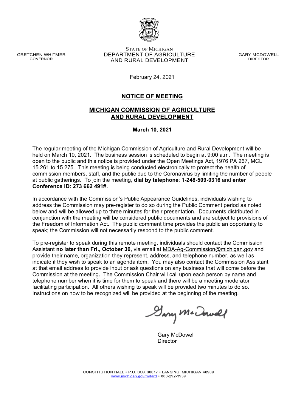 Michigan Commission of Agriculture and Rural Development Meeting Minutes January 20, 2021 Drafted January 25, 2021 Page 1