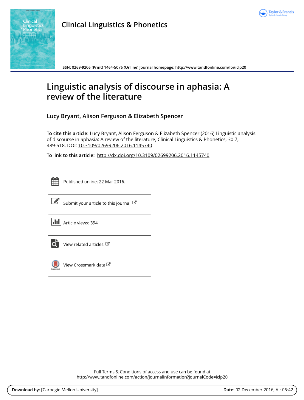 Linguistic Analysis of Discourse in Aphasia: a Review of the Literature