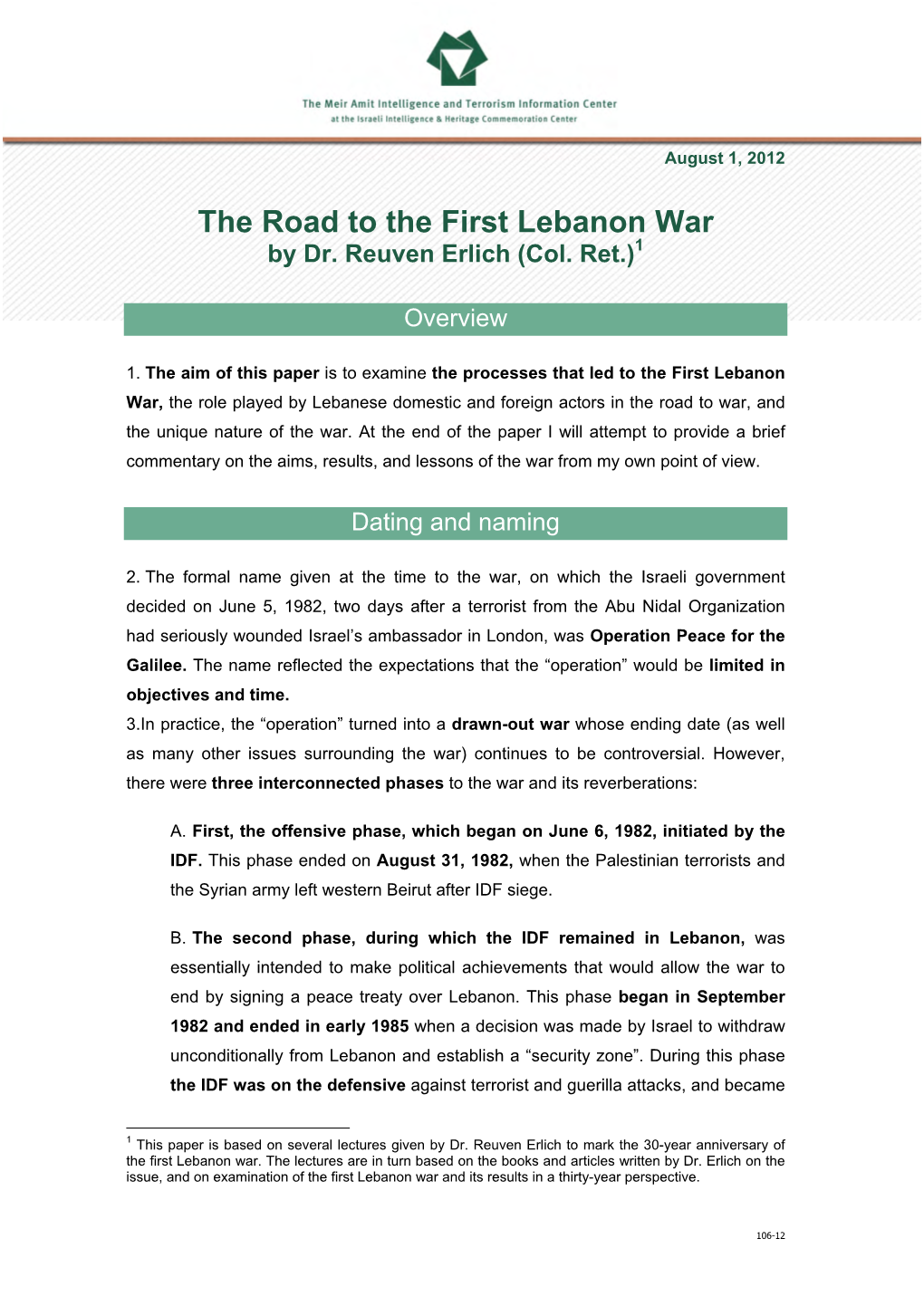 The Road to the First Lebanon War by Dr