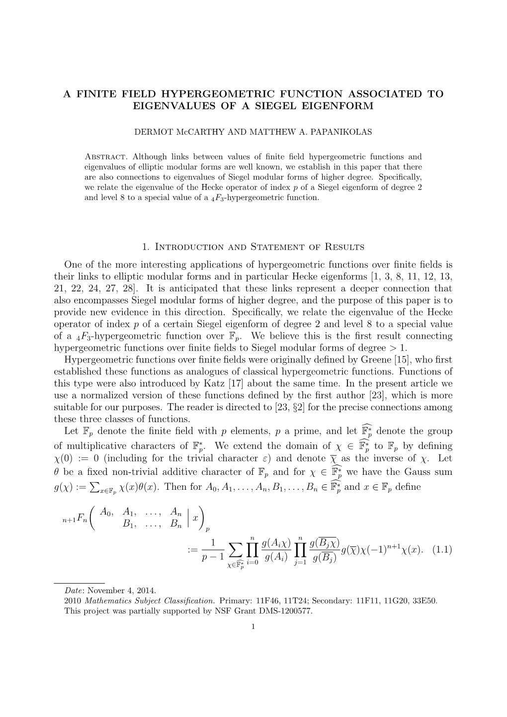 A Finite Field Hypergeometric Function Associated to Eigenvalues of a Siegel Eigenform