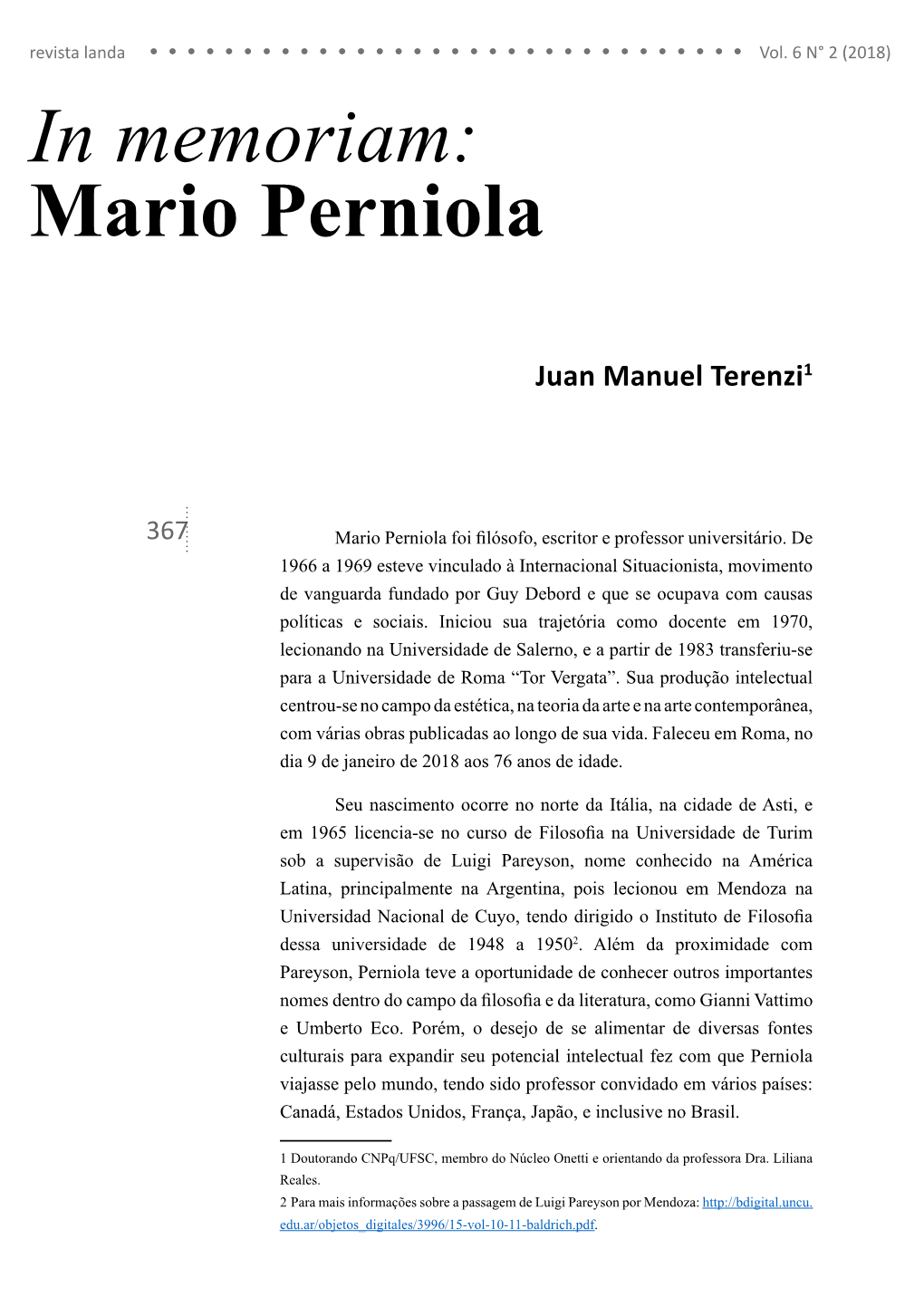 In Memoriam: Mario Perniola