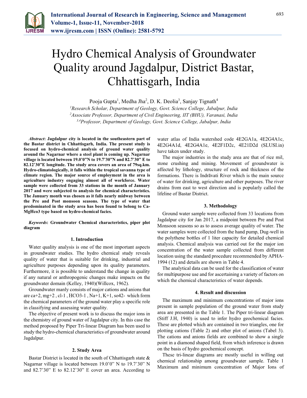 Hydro Chemical Analysis of Groundwater Quality Around Jagdalpur, District Bastar, Chhattisgarh, India