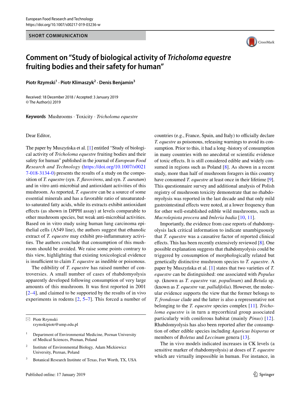 Comment on “Study of Biological Activity of Tricholoma Equestre Fruiting Bodies and Their Safety for Human”