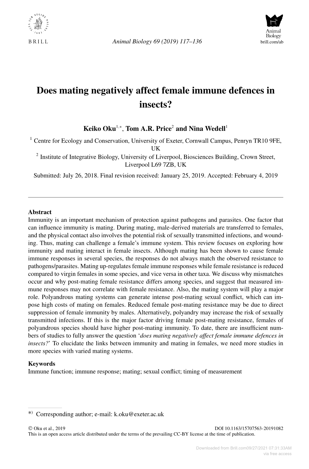 Does Mating Negatively Affect Female Immune Defences in Insects?