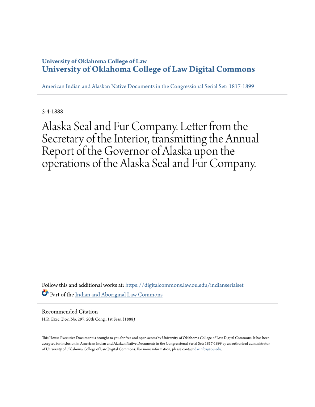 Alaska Seal and Fur Company. Letter from the Secretary of the Interior