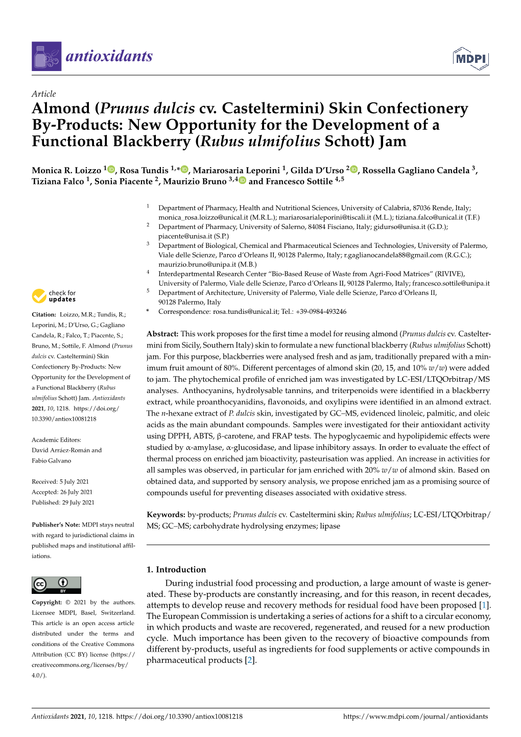 Prunus Dulcis Cv. Casteltermini) Skin Confectionery By-Products: New Opportunity for the Development of a Functional Blackberry (Rubus Ulmifolius Schott) Jam