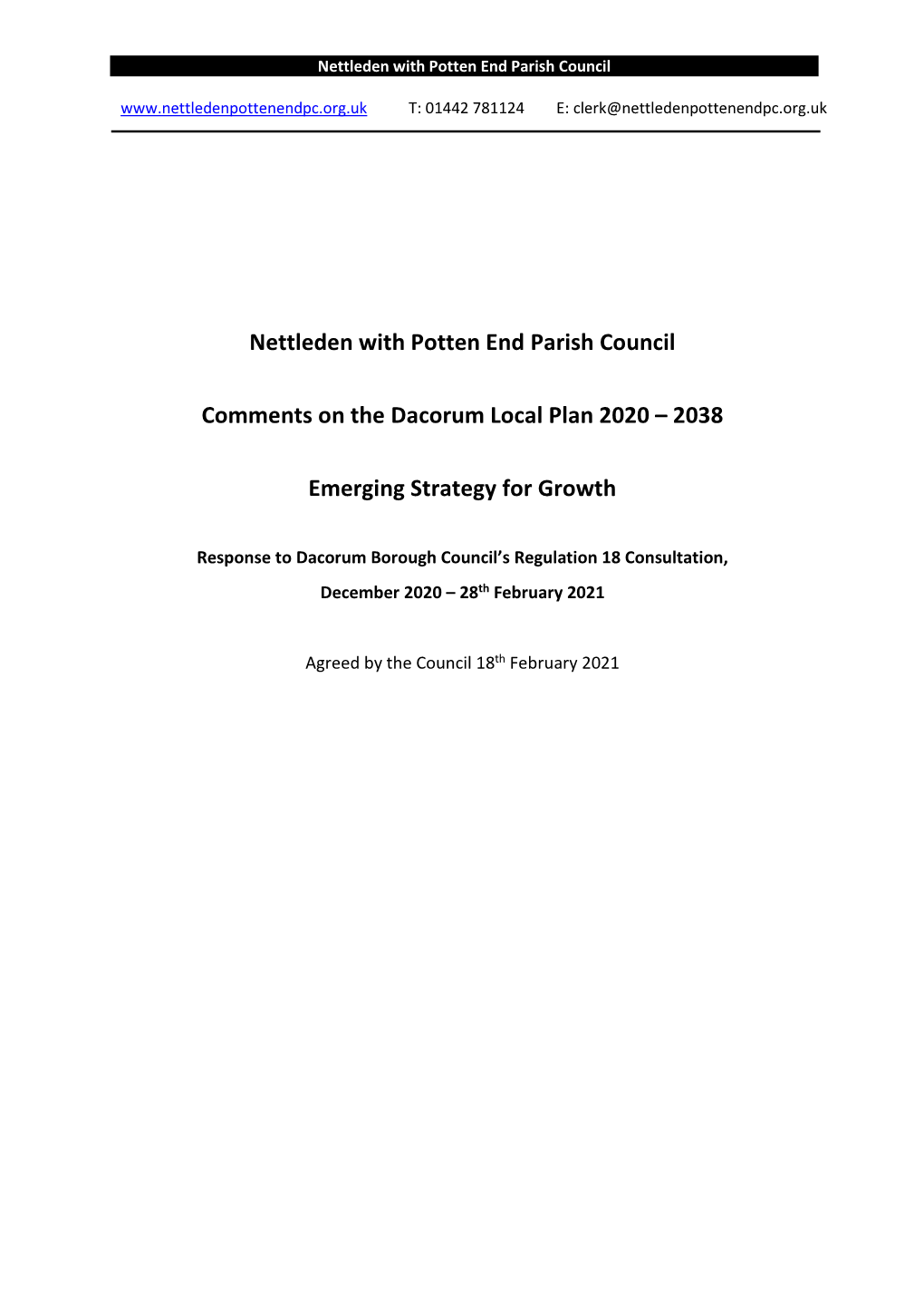 Nettleden with Potten End Parish Council Comments on the Dacorum Local Plan 2020 – 2038 Emerging Strategy for Growth