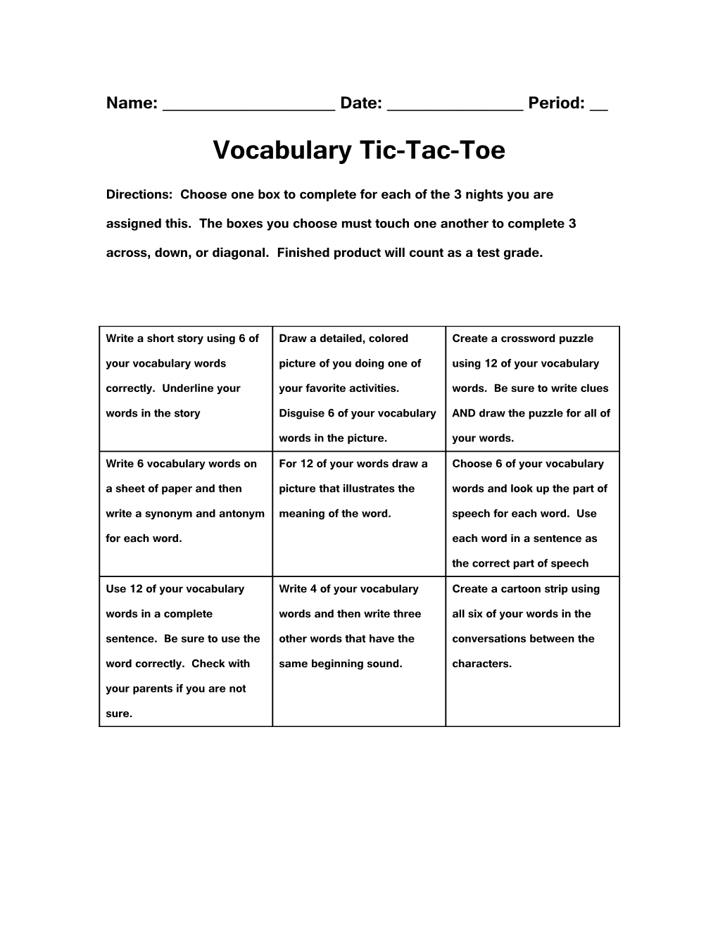 Vocabulary Tic-Tac-Toe s1
