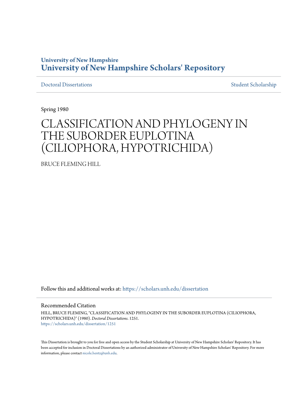 Classification and Phylogeny in the Suborder Euplotina (Ciliophora, Hypotrichida) Bruce Fleming Hill