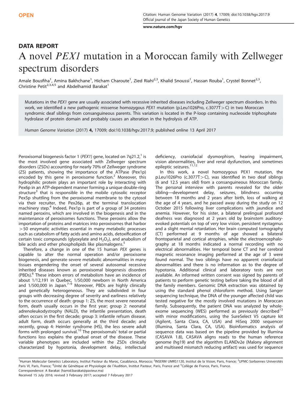 A Novel PEX1 Mutation in a Moroccan Family with Zellweger Spectrum Disorders