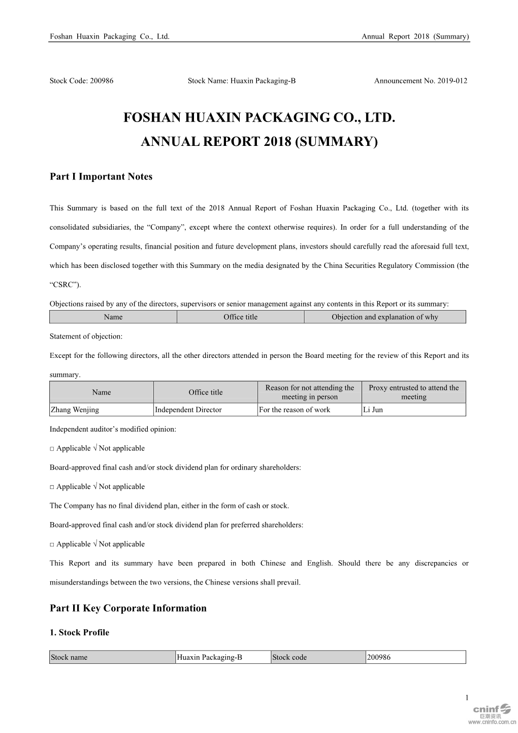 Foshan Huaxin Packaging Co., Ltd. Annual Report 2018 (Summary)