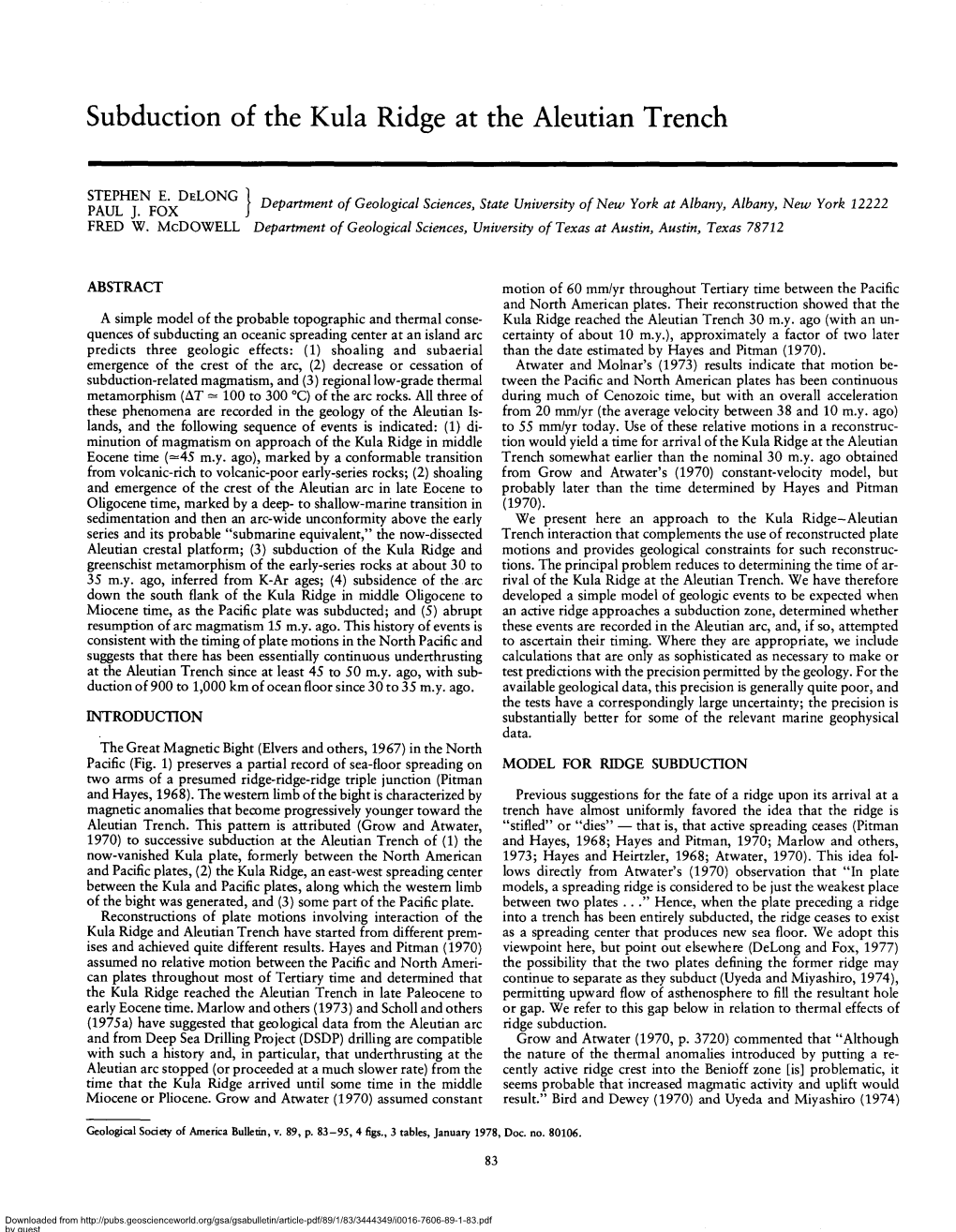 Subduction of the Kula Ridge at the Aleutian Trench