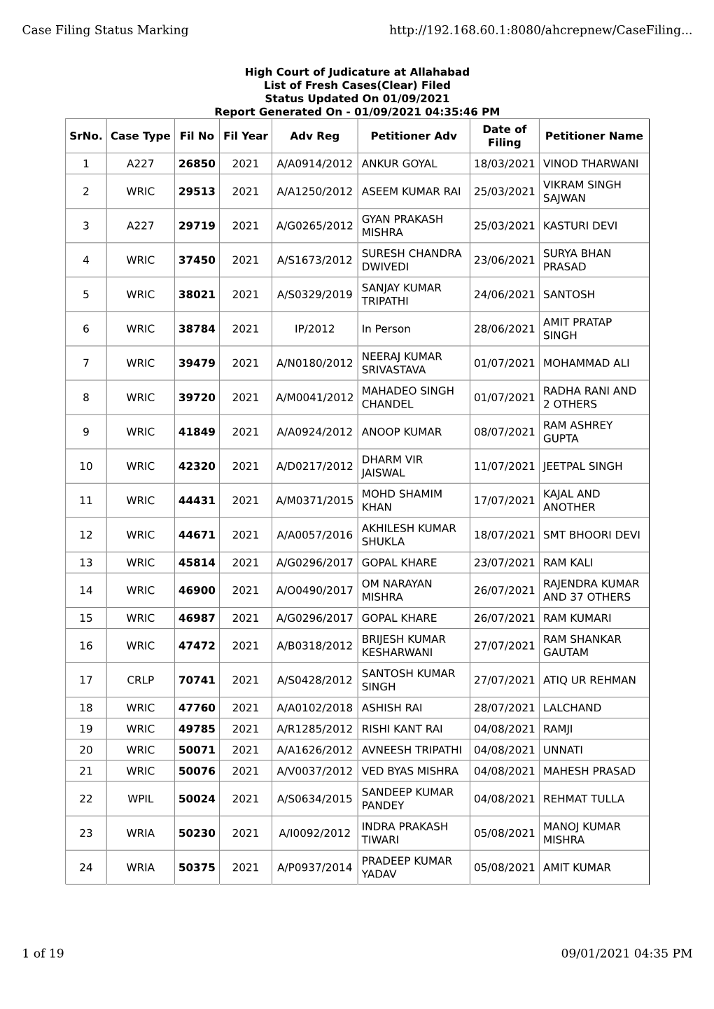 Case Filing Status Marking