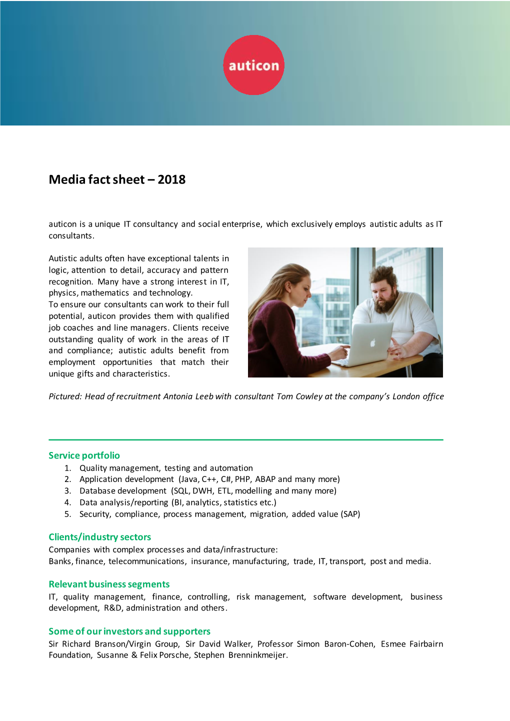 Media Fact Sheet – 2018 Auticon Is a Unique IT Consultancy and Social Enterprise, Which Exclusively Employs Autistic Adults As IT Consultants