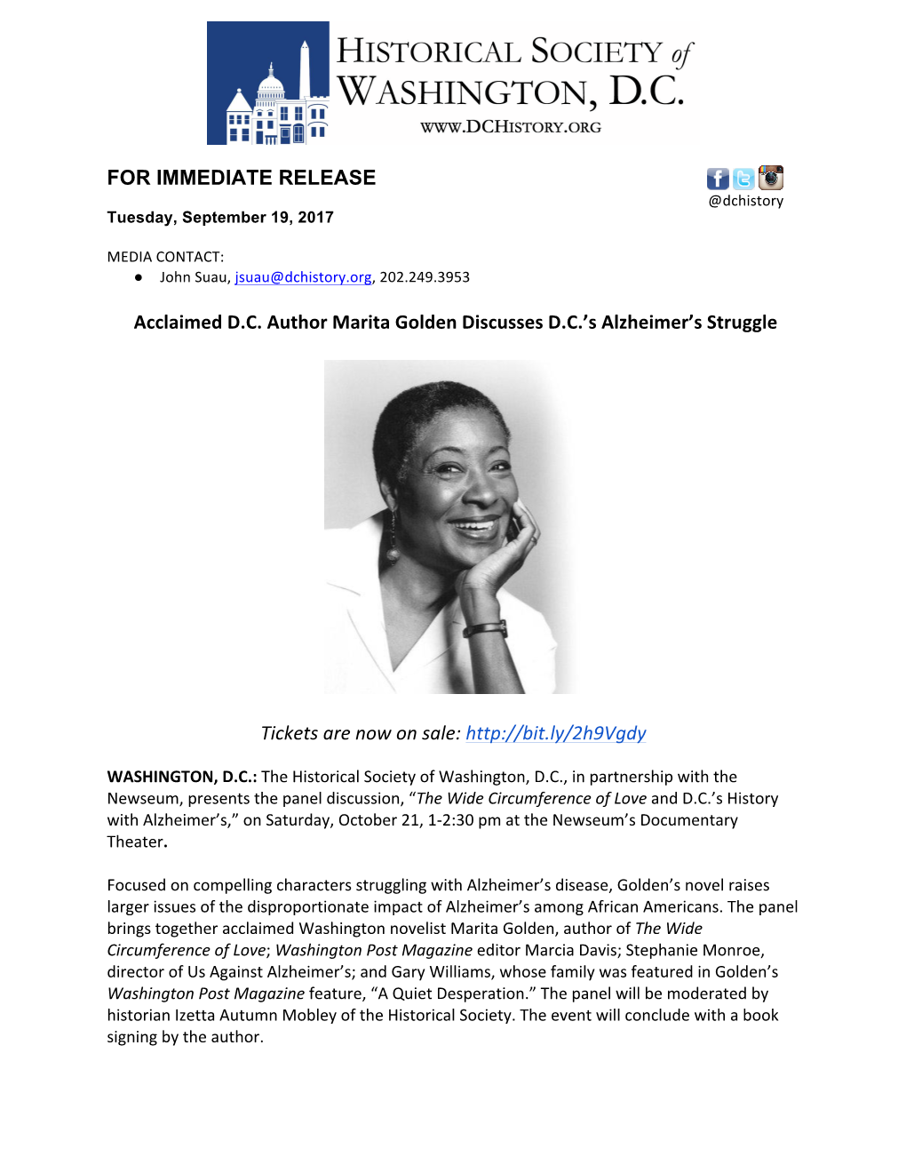 FOR IMMEDIATE RELEASE Acclaimed DC Author Marita Golden Discusses DC's Alzheimer's Struggle Tickets Are Now on Sale