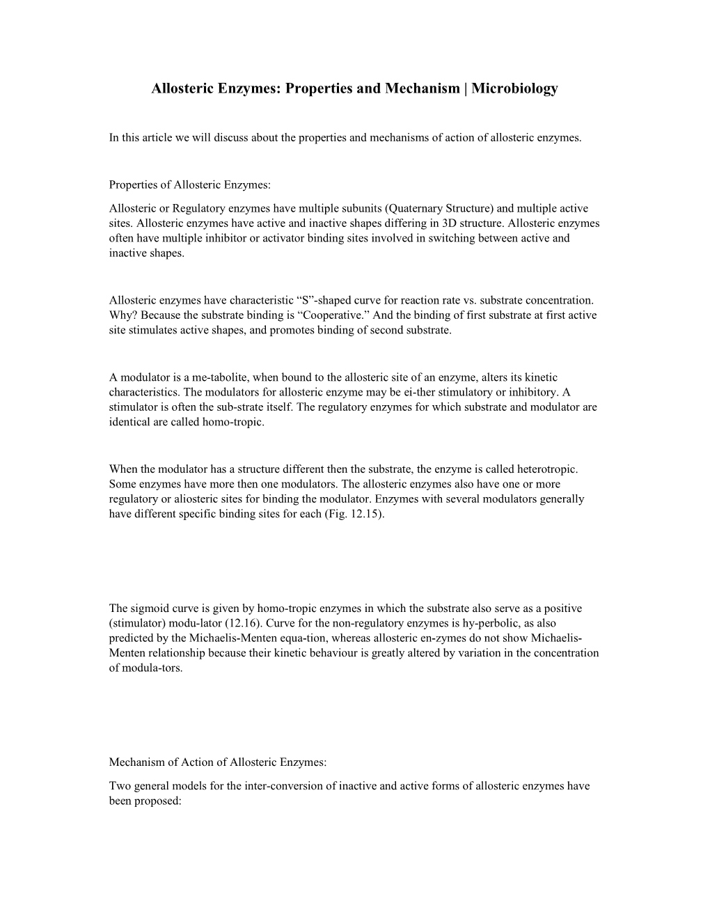 Allosteric Enzymes: Properties and Mechanism | Microbiology