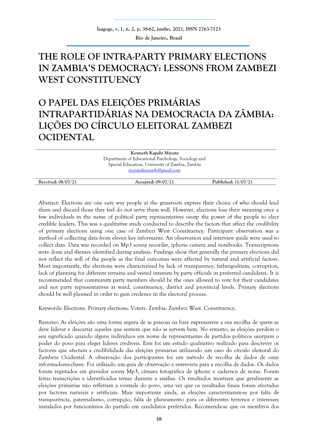 The Role of Intra-Party Primary Elections in Zambia’S Democracy: Lessons from Zambezi West Constituency