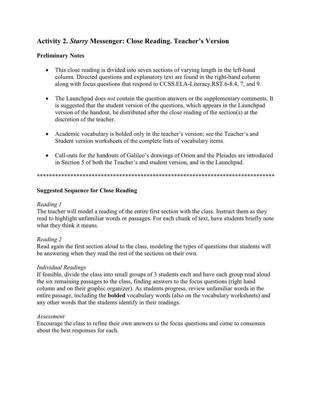 Activity 2. Starry Messenger: Close Reading. Teacher's Version