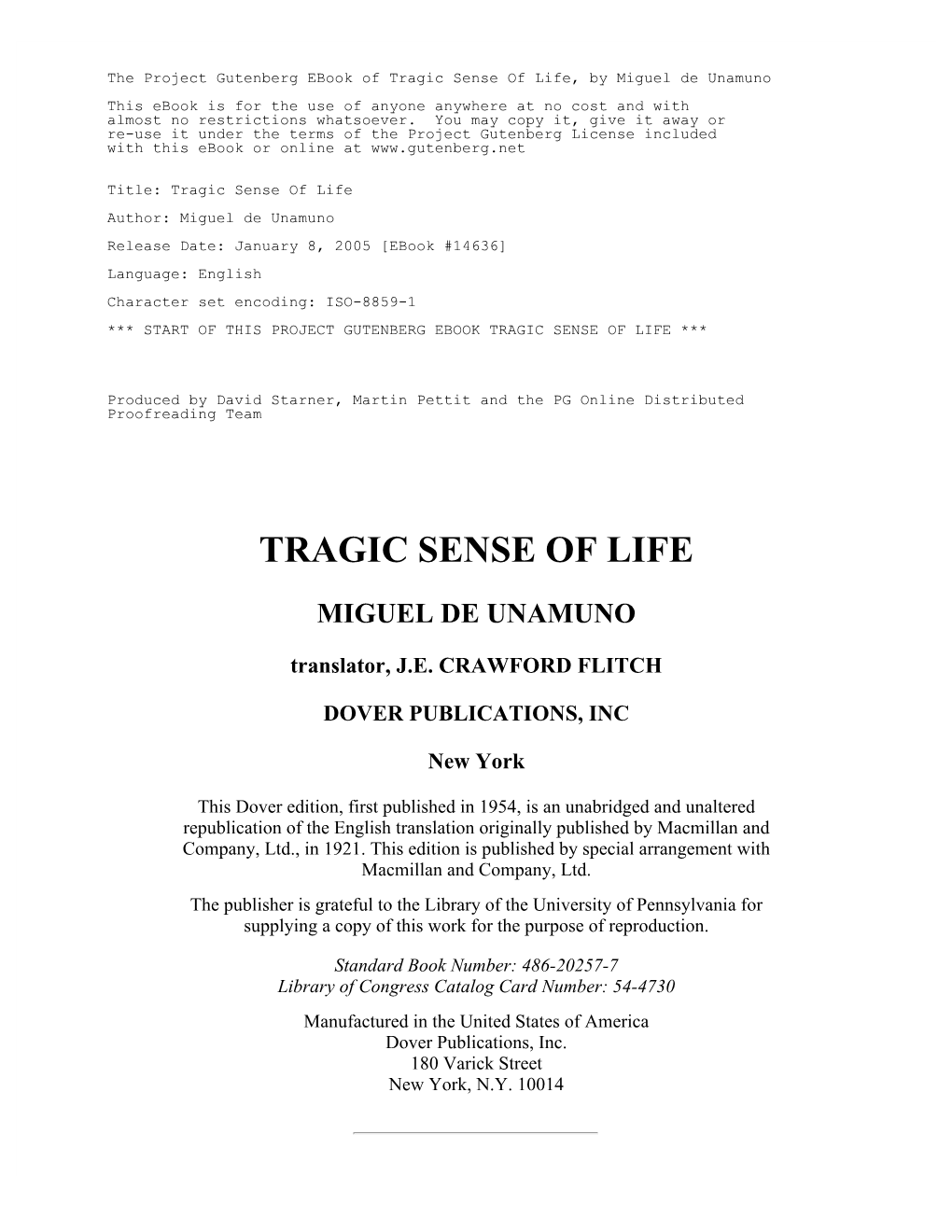 The Tragic Sense of Life by Miguel De Unamuno