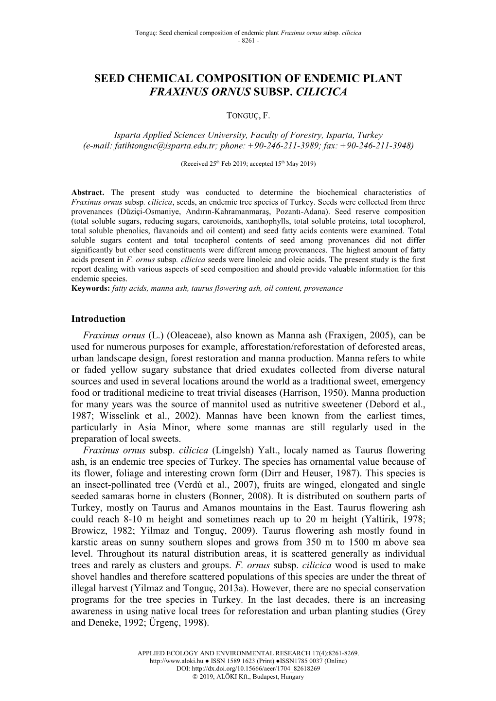 Seed Chemical Composition of Endemic Plant Fraxinus Ornus Subsp