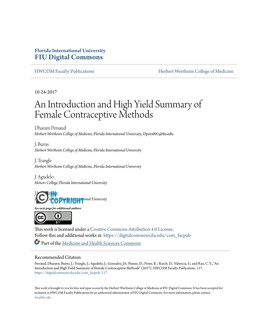 An Introduction and High Yield Summary of Female Contraceptive