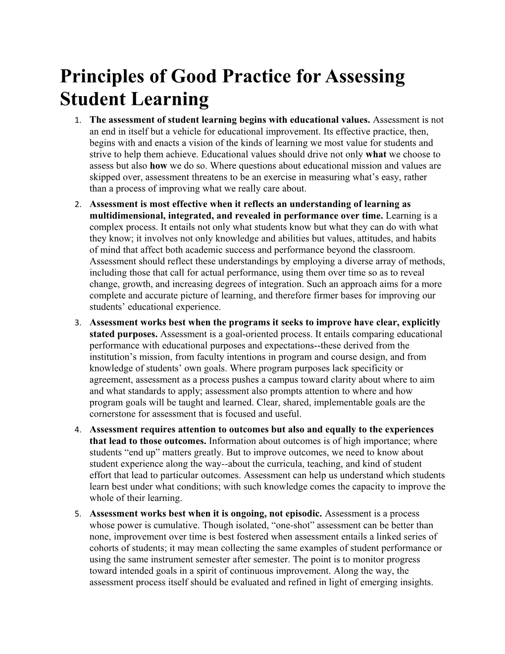 Principles of Good Practice for Assessing Student Learning