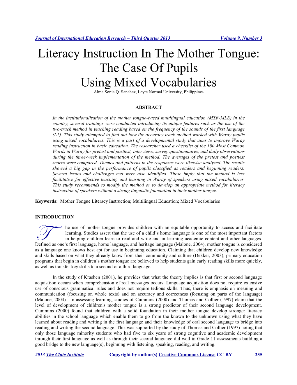 Literacy Instruction in the Mother Tongue: the Case of Pupils Using Mixed Vocabularies Alma Sonia Q