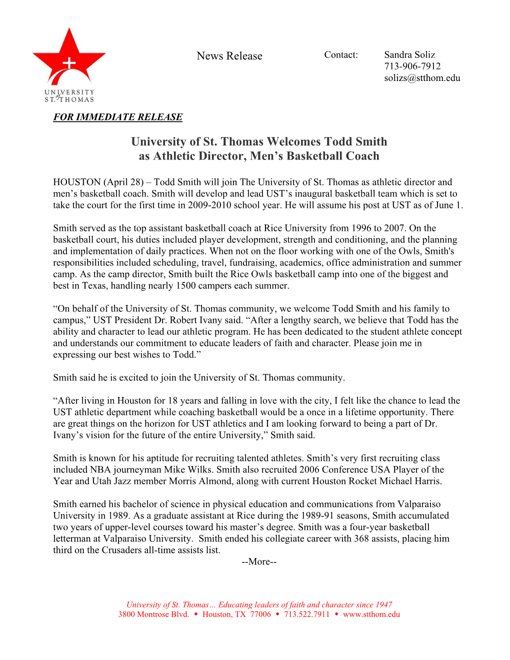 University of St. Thomas Welcomes Todd Smith As Athletic Director, Men’S Basketball Coach