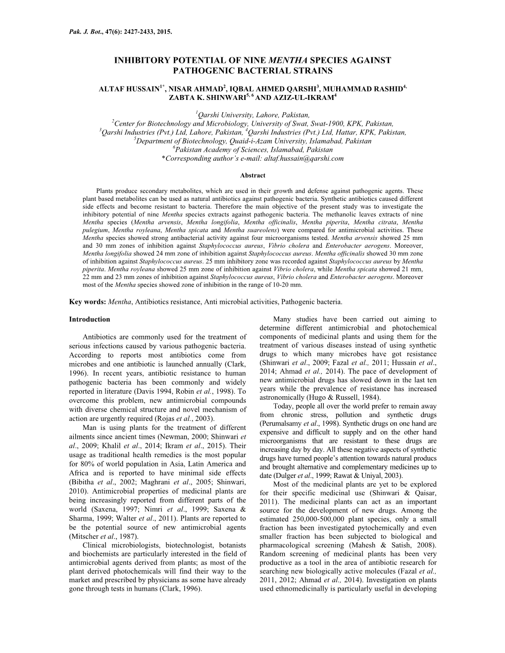 Inhibitory Potential of Nine Mentha Species Against Pathogenic Bacterial Strains