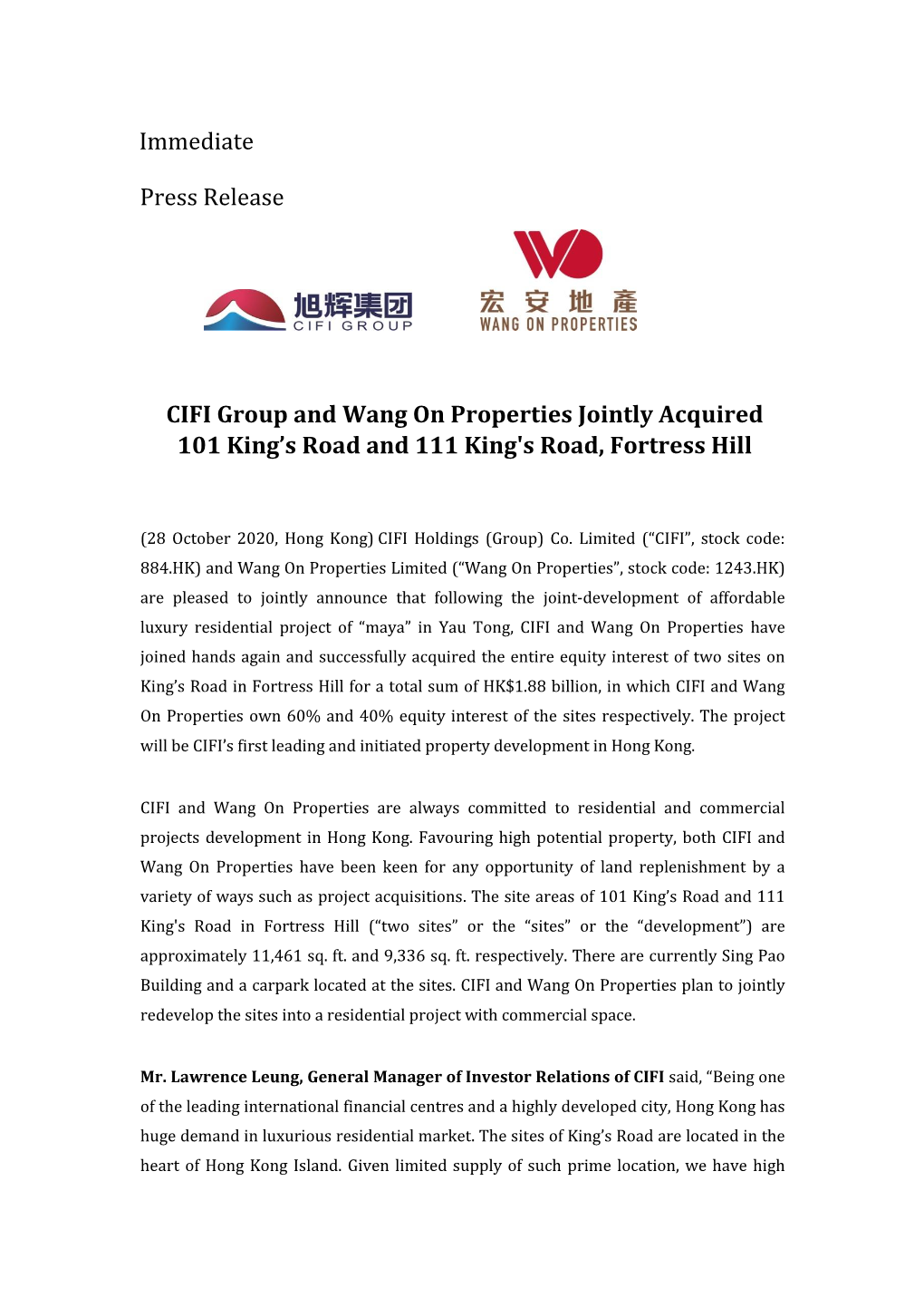 Immediate Press Release CIFI Group and Wang on Properties Jointly