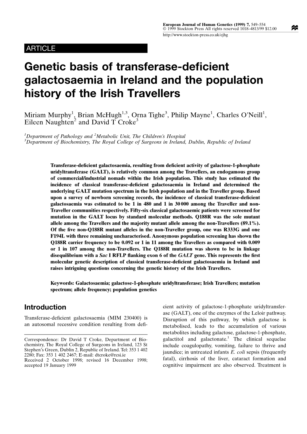 Genetic Basis of Transferase-Deficient Galactosaemia in Ireland and The