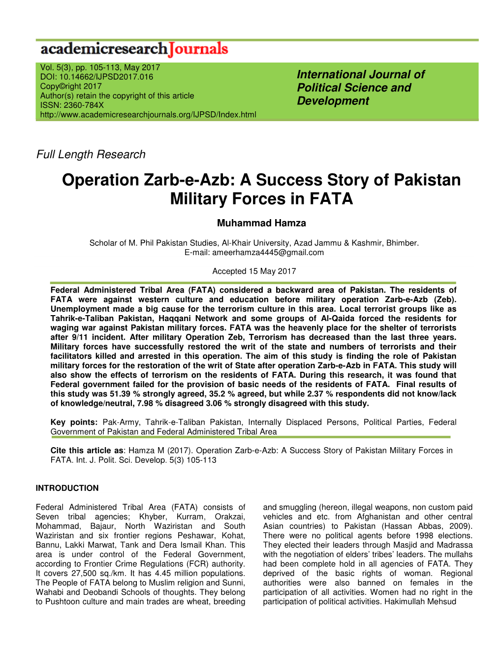 Operation Zarb-E-Azb: a Success Story of Pakistan Military Forces in FATA