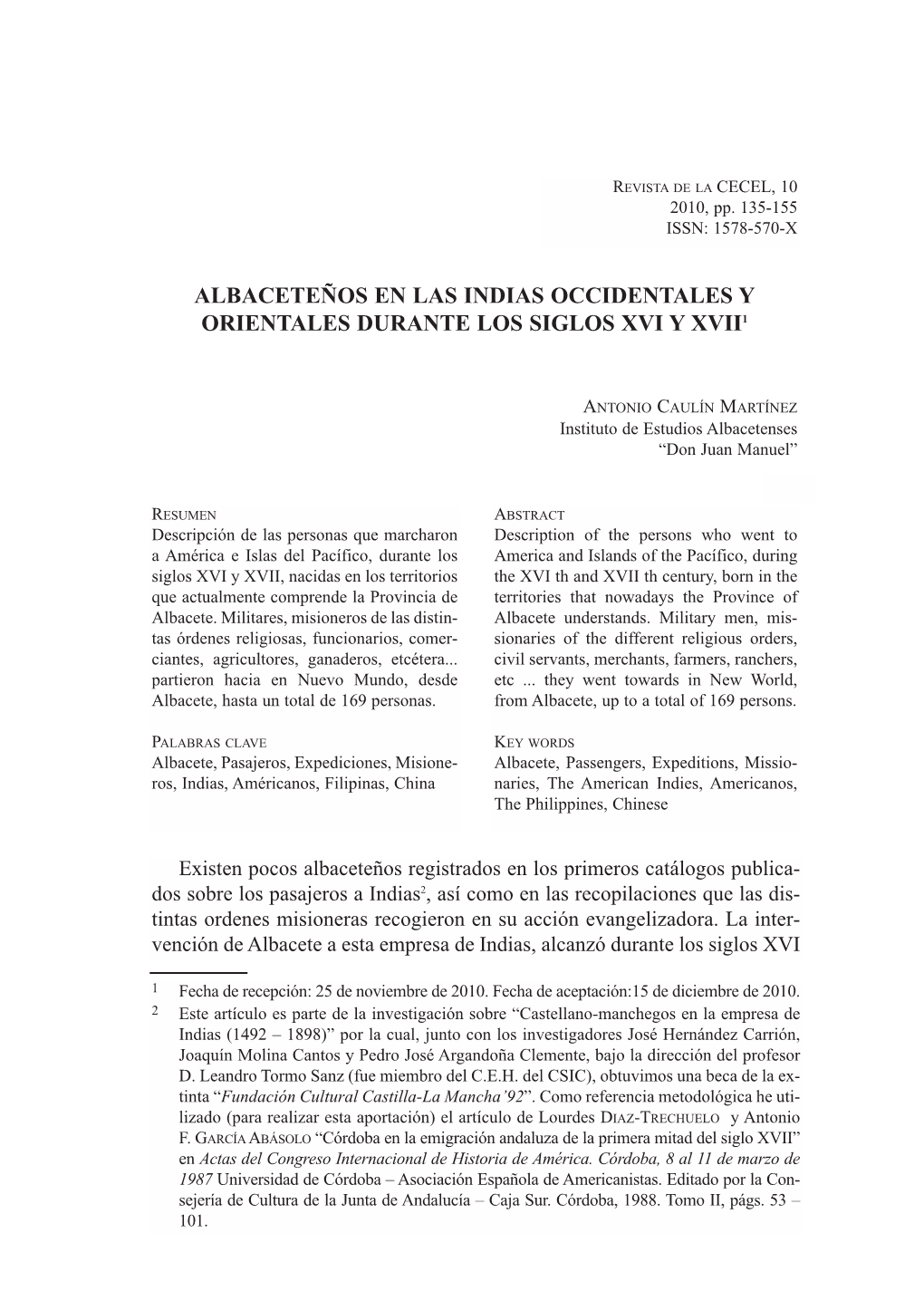 Albaceteños En Las Indias Occidentales Y Orientales Durante Los Siglos Xvi Y Xvii1