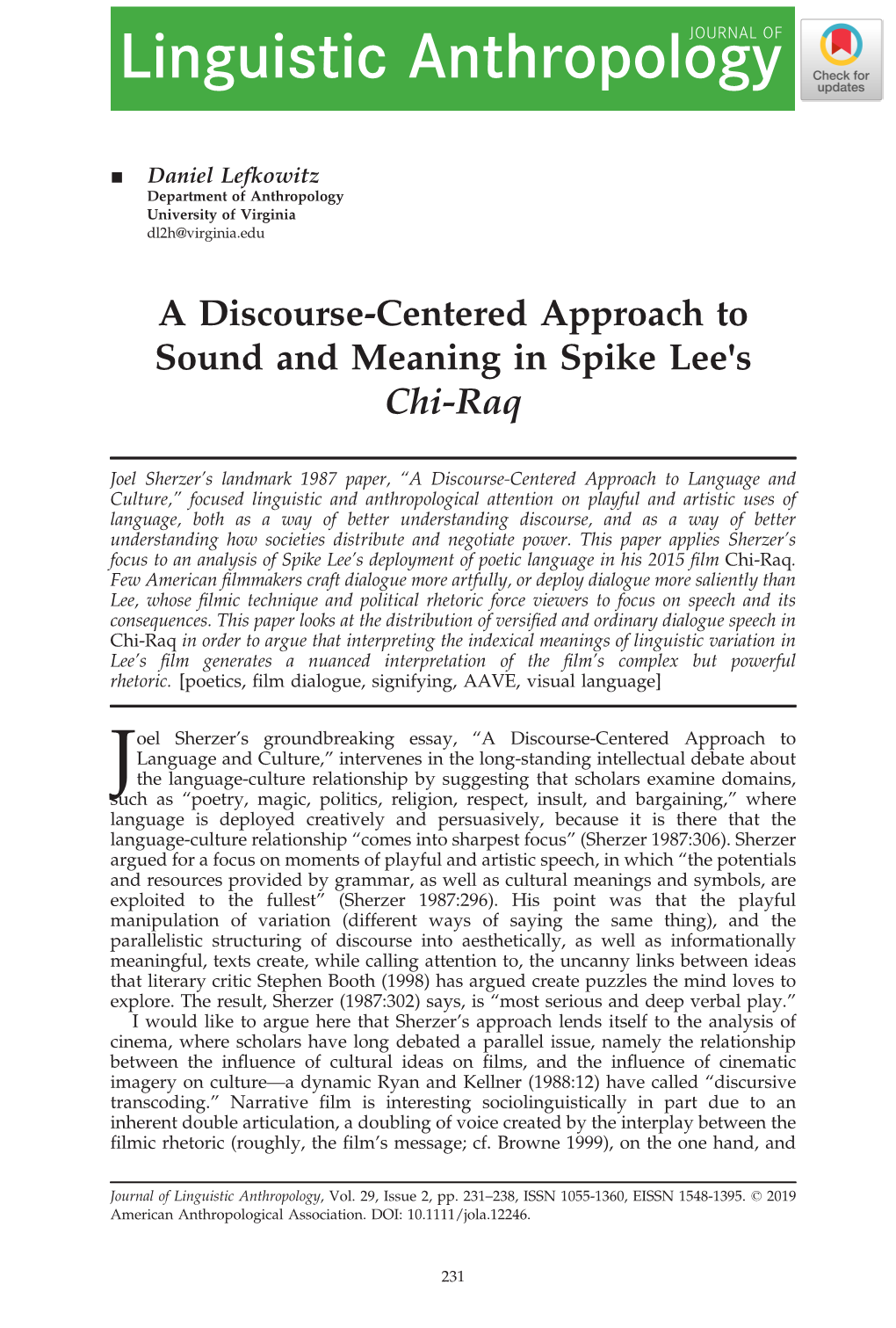 A Discourse‐Centered Approach to Sound and Meaning in Spike Lee's Chi‐Raq