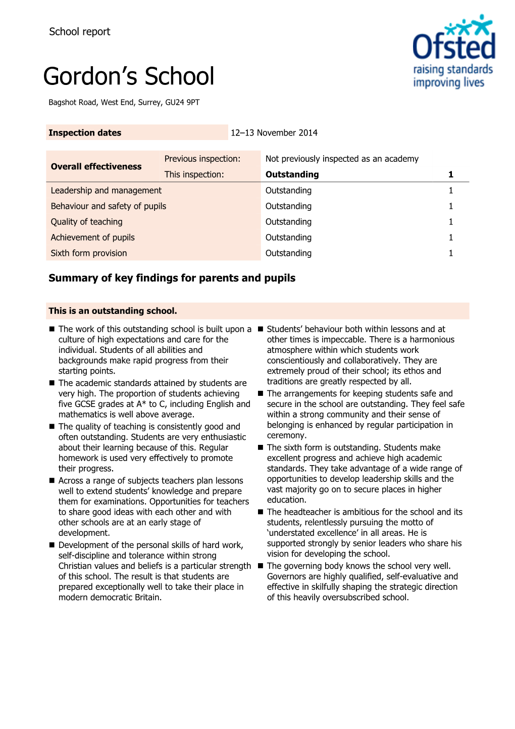 Inspection Report: Gordon’S School, 12–13 November 2014 2 of 10