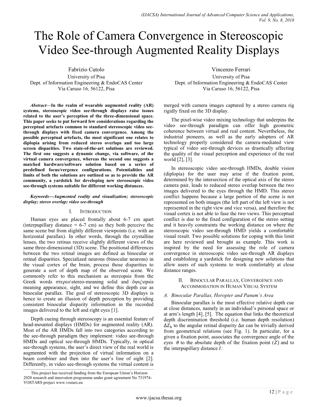 The Role of Camera Convergence in Stereoscopic Video See-Through Augmented Reality Displays