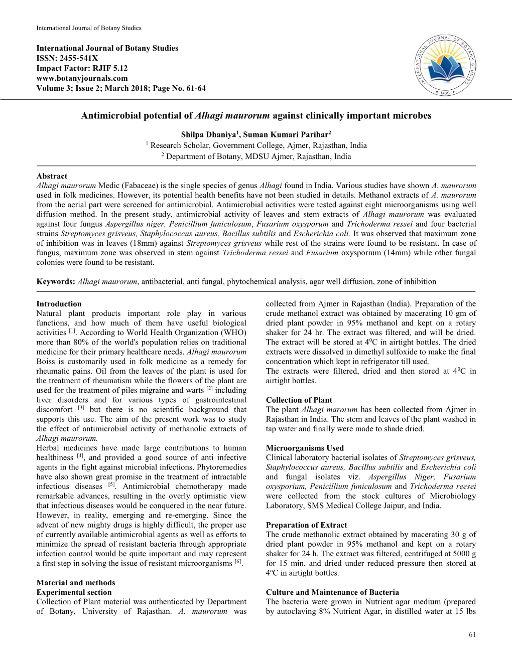 Antimicrobial Potential of Alhagi Maurorum Against Clinically Important Microbes